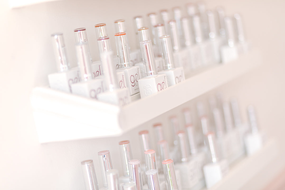 The Gel Bottle BIAB and gel polish colours on shelves